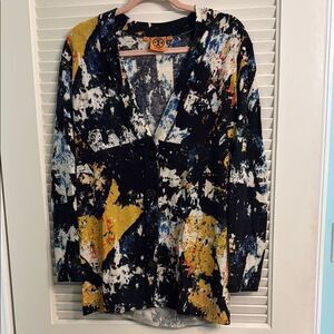 Tory Burch Simone Abstract Splatter Print Logo Button Wool Cardigan Size Medium✨